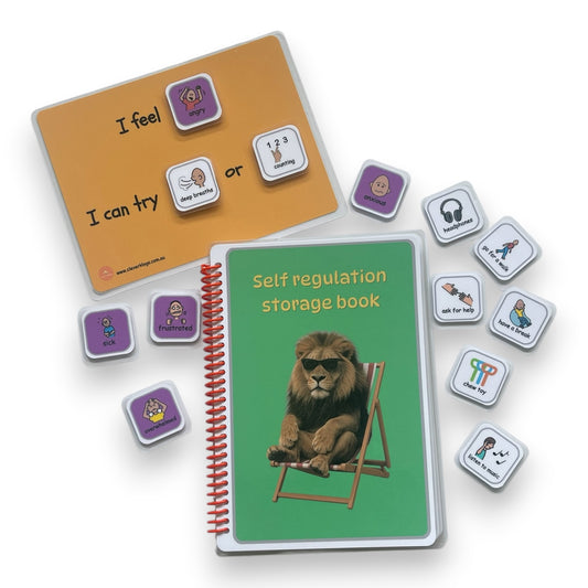 Self-regulation storage book with lion illustration and related flashcards on a white background. Autism emotional recognition 