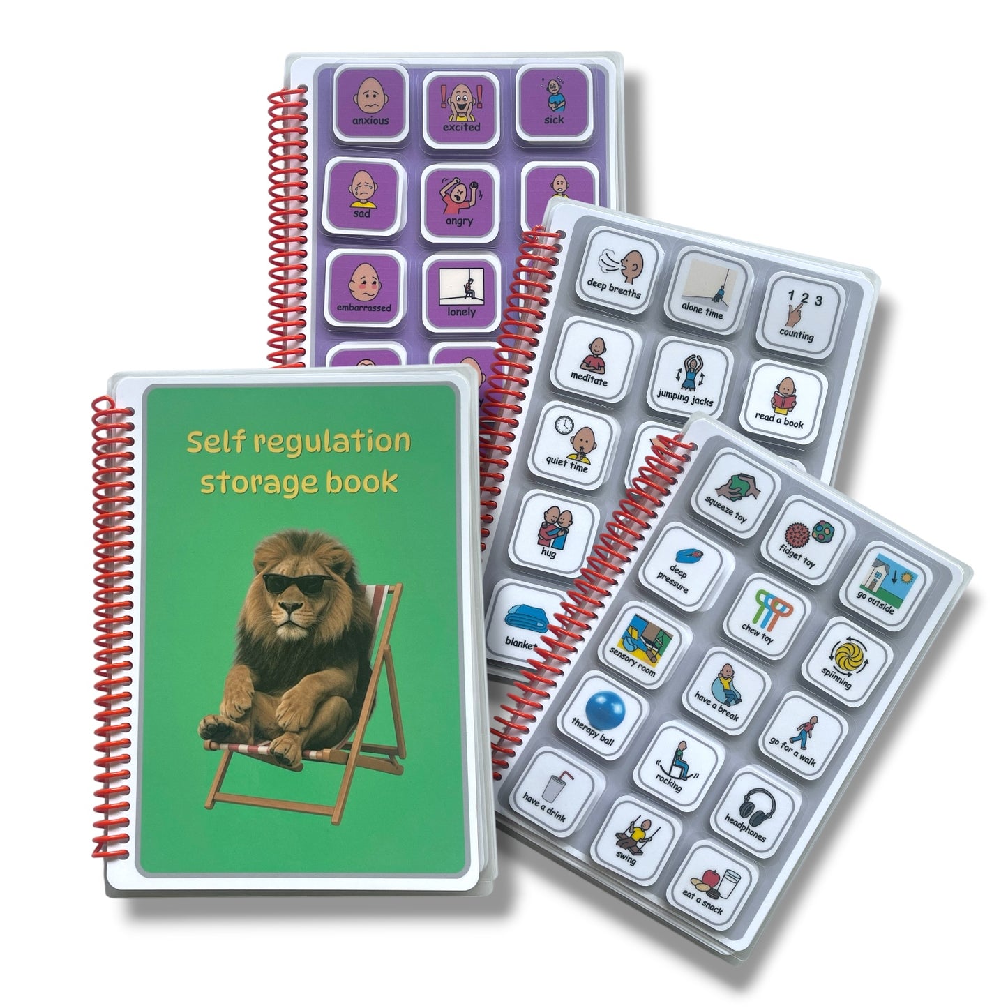 Self-regulation storage book with lion illustration and related flashcards on a white background. Autism emotional recognition 