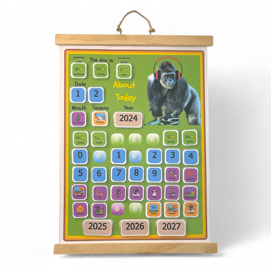 calendar, autism visual supports. Colour green with gorilla image, visual calendar for kids, interactive calendar for autism, autism visual supports