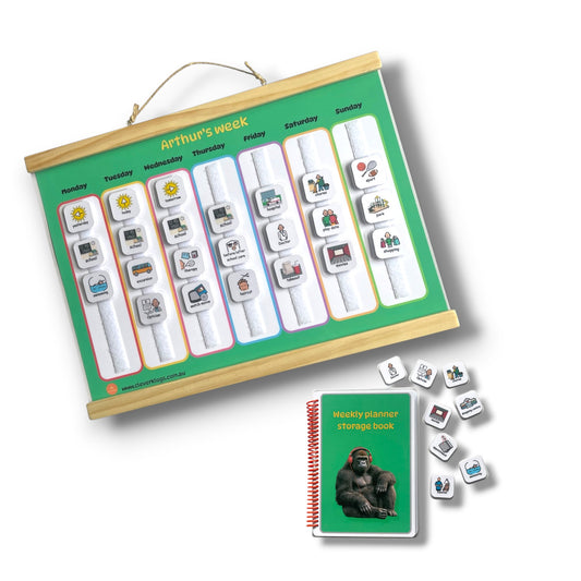 Weekly visual planner for kids with Autism- set includes 60 activities and storage book to store velcro activities- visual supports for Autism