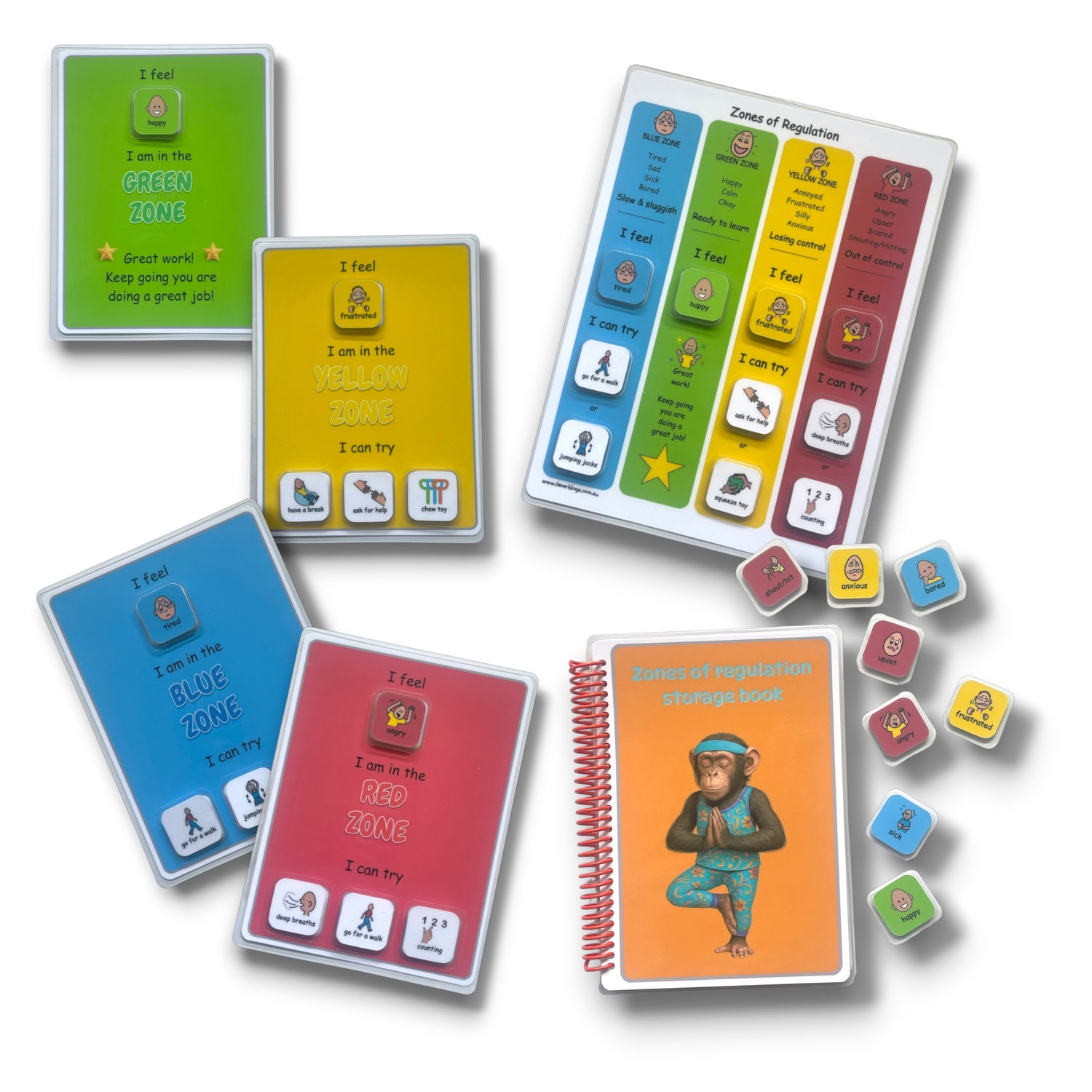 Zones of regulation book to support emotional regulation for kids with autism. Includes 5 interactive boards to be used with 45 velcro symbols including emotions and calming strategies. Autism visual supports