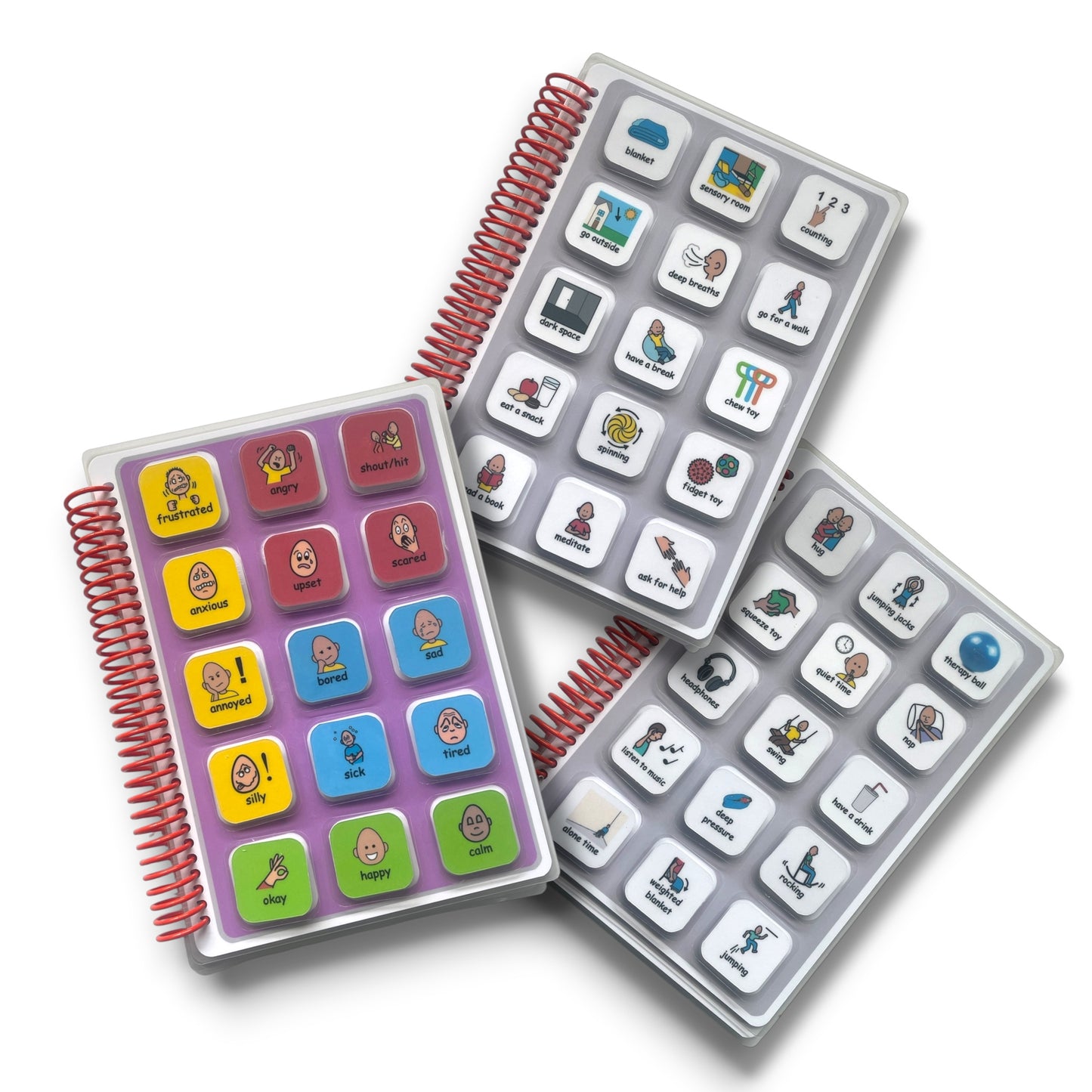 Zones of regulation book to support emotional regulation for kids with autism. Includes 5 interactive boards to be used with 45 velcro symbols including emotions and calming strategies. Autism visual supports